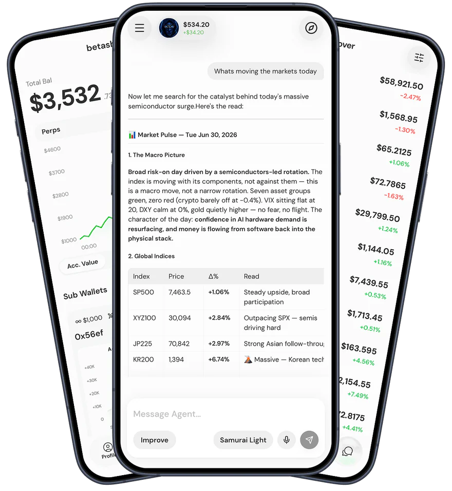 Senpi app: chat with your agent, your wallets and PnL, and the discover feed